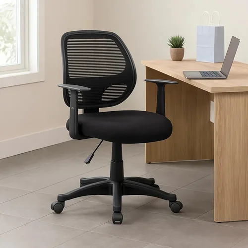 Vista 2 de Benzara Maya - Silla de oficina con brazos en T, malla negra, acolchado de espuma