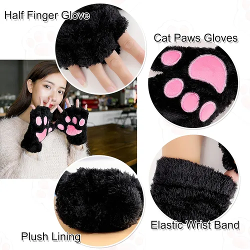 Vista 6 de Bienvenu Paquete de 2 guantes calientes sin dedos para mujer,Guantes de felpa,Guantes de invierno Cosplay Bear Cat Paw