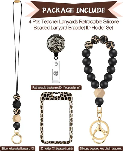 Vista 2 de Woanger - 4 cordones para profesor para credencial de identificación y estampado de leopardo, genial Cute Badge Holder, Silicone Beaded, Breakaway