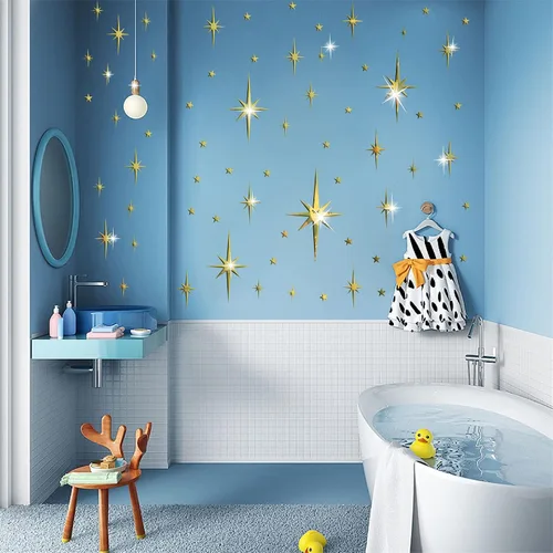 Vista 8 de Pegatinas de pared de espejo con estrella dorada, calcomanías acrílicas 3D removibles con estrellas adhesivas, espejo de estrella en explosión