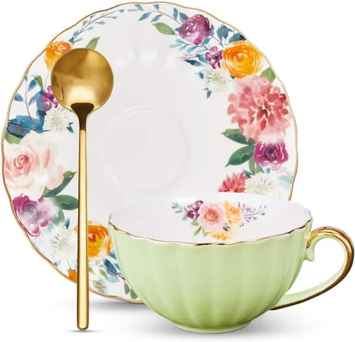 Vista 10 de ONEUSTAR Juego de taza de té y platillo para 1 taza de té floral de porcelana de hueso con cuchara, taza de café de 8 onzas, taza de capuchino latte