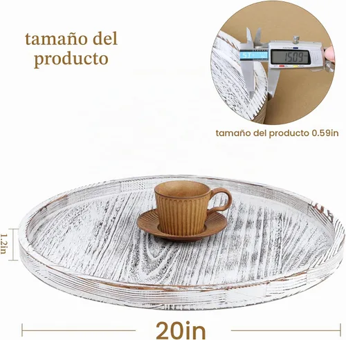 Vista 2 de Gurfuy Bandeja de Mesa Otomana Redonda Extra Grande de 20" - Bandeja de Servir de Madera Rústica para Bandejas de Mesa de Café Decorativas de Gran