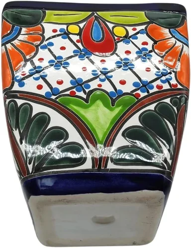 Vista 6 de Maceta cuadrada grande pintada a mano para interiores y exteriores, figura multicolor (Talavera)