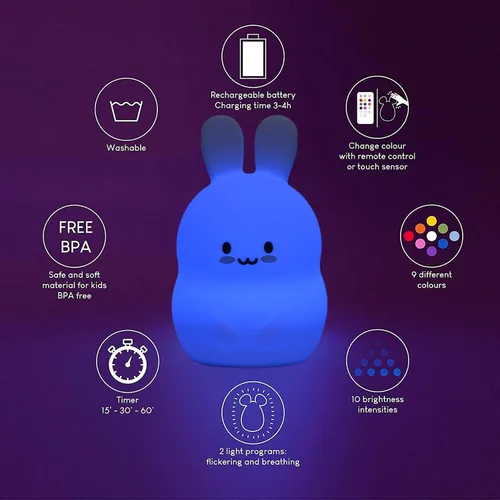 Vista 4 de Luces nocturnas de conejo de gran tamaño, lámpara de noche para dormitorio, resistente a la rotura, cuidado de los ojos, brillo ajustable, ajuste