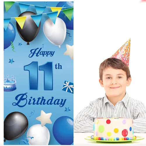 Vista 6 de Cartel azul de feliz cumpleaños número 11, globos de fondo de estrellas, confeti y saludos a los 11 años, decoración temática de puerta, porche
