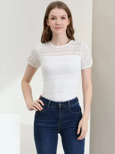Vista 3 de Allegra K Blusa de encaje bordada elegante con manga abombada para mujer, M