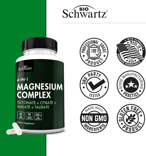 Vista 5 de BioSchwartz Suplemento complejo de magnesio (90 cápsulas) 350 mg de citrato de glicinato de magnesio malato y taurato por porción para nervios