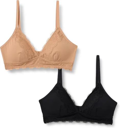 Vista 2 de Amazon Essentials Bralette con cuello en V forrado de microfibra y ribete de encaje para mujer, paquete de 2