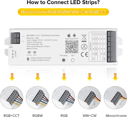 Vista 2 de SEZO WB5 5 en 1 Tuya WiFi 2.4GHz PWM LED controlador para atenuación RGB RGBCCT RGBW LED tira compatible con Alexa/Google Home/Tuya Smart Life APP