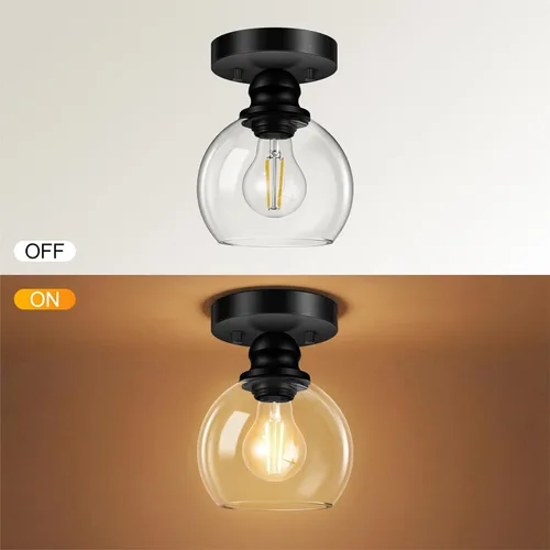 Vista 7 de Glass Semi Flush Mount Ceiling Light, Industrial Porch Light Fixtures, Matte Black Base with 6“ Clear Glass Shade, Bright Close to Ceiling Light for