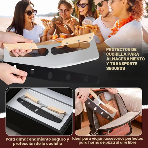 Vista 6 de Cortador de pizza balancín con mango de madera, cortador balancín de pizza premium de 14 pulgadas con hoja de acero inoxidable afilada y cubierta