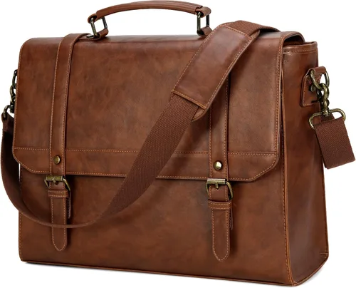 Vista 9 de Bolso de mensajero IGOLUMON para hombres de 15.6 pulgadas, bolso de cuero vintage impermeable para computadora, maletín para hombres, bolso grande