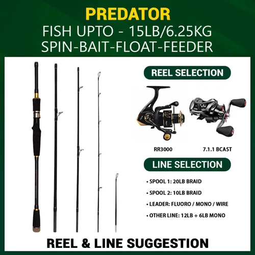 Vista 6 de Rigged and Ready Predator Series Spin & Baitcast Travel Fishing Rods. Unique Spin Cast Micro Trigger. Compact Hi-Carbon Rods. 4 Rod Sections, 2