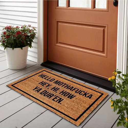 Vista 2 de Divertido tapete de coco – Hello Mothafucka Welcome Front Porch Decor – Alfombra personalizada con respaldo de PVC resistente – Tapete