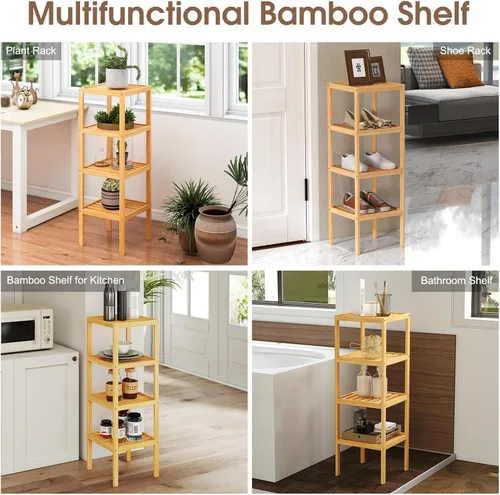 Vista 6 de kinbor Estante de almacenamiento de baño de bambú independiente, estantería de 4 niveles