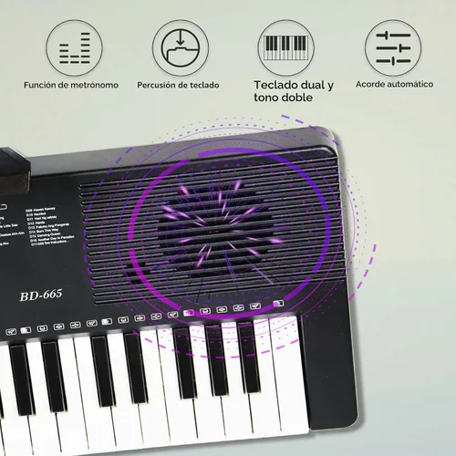 Vista 2 de Piano de teclado de 61 teclas para principiantes con teclas iluminadas y modos de enseñanza profesional, incluye soporte, banco, micrófono, soporte