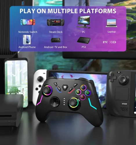 Vista 2 de YCCSKY Wireless PC Gaming Controller for Windows (781011), Compatible Nintendo Switch and Steam Deck, 9 Color LED Light Gamepad with Turbo Function