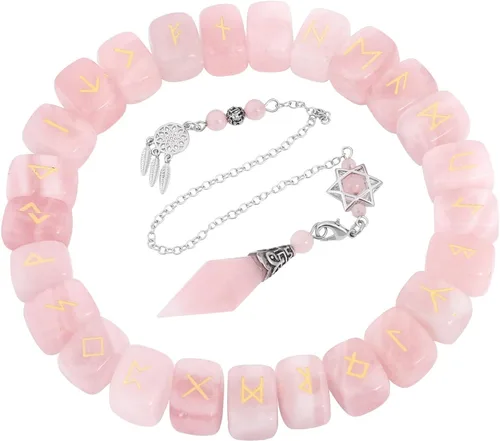Vista 8 de SUNYIK Juego de piedras de runa grabadas con ojo de tigre y péndulo de 12 puntas de cristal facetadas, kit de cristal Wicca del alfabeto Futhark