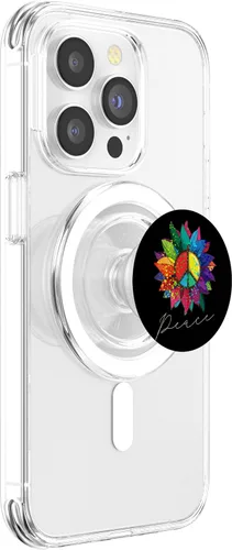 Vista 3 de Cartel de paz con diseño de girasol, flor, arcoíris, hippie, años 70, PopSockets MagSafe PopGrip para iPhone
