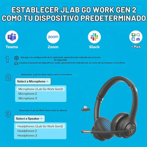 Vista 2 de JLab Go Work Gen 2 - Auriculares inalámbricos con micrófono, auriculares Bluetooth para PC con más de 55 horas de reproducción y conexión multipunto