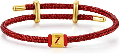 Vista 29 de ZHOU LIU FU Pulsera de Oro de 24K con Dijes de Iniciales, Pulseras Ajustables de Cadena Roja con Dijes de Letras y Corazón A-Z, Brazalete Apilable
