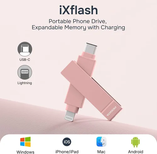Vista 2 de iXflash - Memoria flash para iPhone de 128 GB, certificado Apple MFi, Lightning y USB C, color rosa, 2 en 1 para teléfono, iPad y computadora, foto