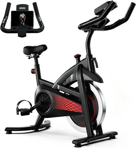 Vista 9 de Bicicleta estática para interiores con Bluetooth, bicicleta de ciclismo para gimnasio en casa, capacidad de peso de 300 libras, asiento 2-Naranja