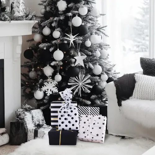 Vista 6 de BEISHIDA 100 hojas de papel de seda blanco y negro a granel, rayas de sarga y puntos, estrellas para bolsas de regalo, papel de regalo de 14 x 20