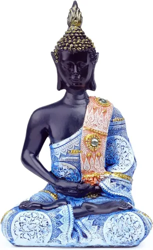 Vista 2 de Escultura meditadora de Buda Polystone, estatuas de Buda pintadas a mano, estatuas de Buda para el hogar, decoración de meditación, decoración Azul