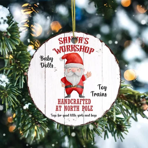 Vista 2 de Two-Side Printed Santa's Workshop Ceramic Christmas Ornament, Novelty for Family Friends Kids, Rust Look Edge Christmas Keepsake Pendants