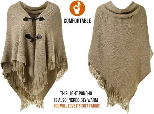 Vista 3 de Ferand Poncho de ajuste holgado para mujer con botones de cuerno elegantes cuello en V y dobladillo en V