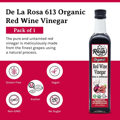 Vista 3 de De La Rosa - Vinagre de vino tinto orgánico, crudo y sin filtrar, Kosher para Pascua, vegano, sin OMG y sin gluten, ideal para aderezos de ensalada