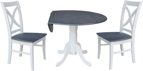 Vista 3 de IC INTERNATIONAL CONCEPTS Mesa de comedor de madera de hoja abatible de 42 pulgadas con 2 sillas con respaldo en X en blanco/gris jaspeado