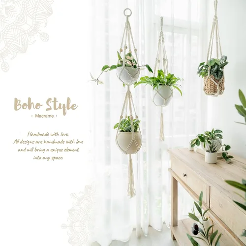 Vista 2 de Mkono Colgador de plantas de macramé, cesta colgante de 2 niveles para interior/exterior, cuerda de algodón con cuentas, 4 patas, 49 pulgadas