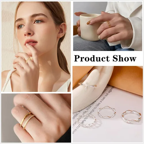 Vista 5 de Honsny Juego de anillos apilables chapados en oro de 14 quilates para mujer, anillos apilables para nudillos, anillos de plata finos y delicados