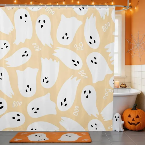 Vista 25 de Happy Halloween Shower Curtain,Bowknot Snowflake Pattern Bathroom Curtains,Sweet Ghost Holiday Theme Waterproof Bath Curtain,Black Bathroom Curtains