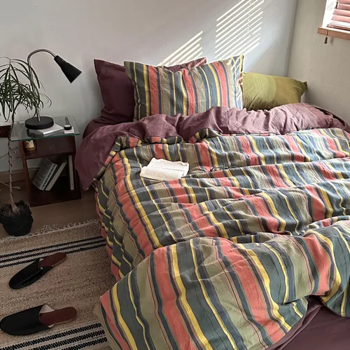 Vista 8 de mixinni Juego de funda de edredón vintage a rayas, tamaño twin, juego de ropa de cama de 3 piezas, 100% algodón lavado, suave y transpirable, funda