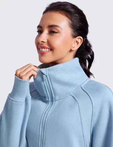 Vista 5 de CRZ YOGA Sudaderas con forro polar para mujer, media cremallera, cuello embudo, manga larga, sudaderas de gran tamaño con agujeros para el pulgar