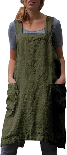 Vista 14 de Delantal Pinafore con espalda cruzada con bolsillos, delantal de lino y algodón, talla grande