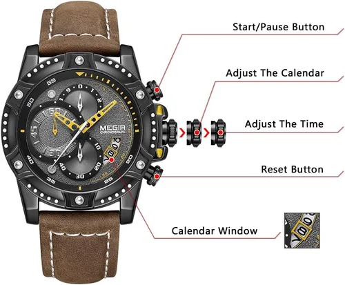 Vista 6 de MEGIR Reloj analógico de cuarzo para hombre con correa de cuero de cara grande para deportes 2130