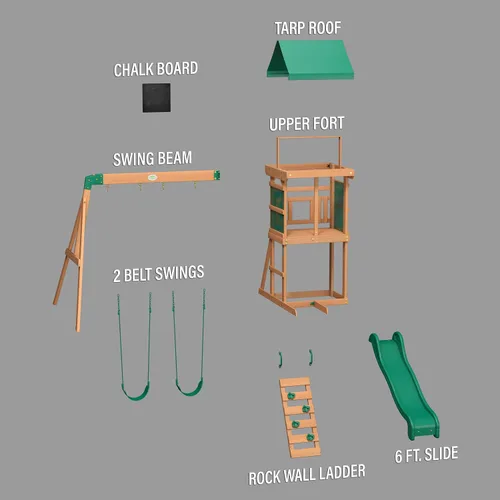 Vista 8 de Set de juego de columpio Backyard Discovery Buckley Hill de madera de cedro con tobogán de ola, plataforma de juego, pared de roca con escalera