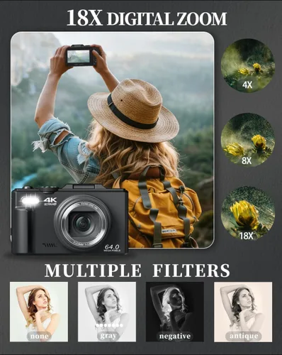 Vista 6 de Cámara digital 4K para principiantes y adolescentes, cámara de enfoque automático para vlogging con pantalla abatible de 180°, zoom 18X, cámara