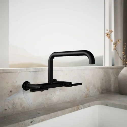 Vista 2 de KOHLER Purist Grifo de fregadero de cocina de dos agujeros para montaje en pared con boquilla de 13-7/8 pulgadas, negro mate