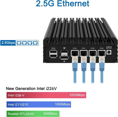 Vista 3 de Firewall Appliance Mini PC 2.5Gbe, con 12º N100 (Ship N150) Mini Router de computadora sin ventilador con 4xIntel I226 Nics 8GB DDR5 Ram 128GB M.2