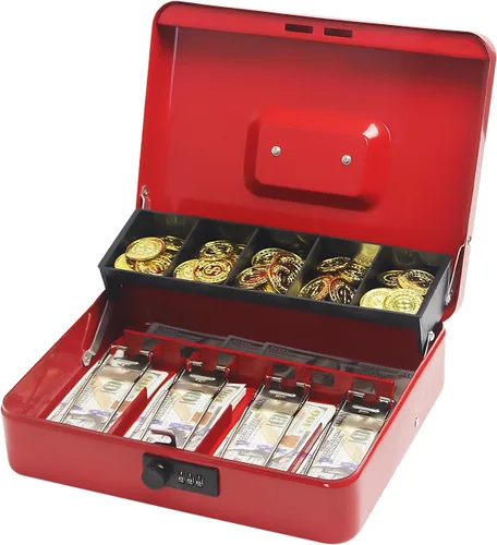 Vista 9 de Caja de efectivo con cerradura de combinación, caja de dinero de metal con bandeja de dinero, caja de bloqueo de efectivo para venta de garaje