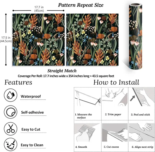 Vista 8 de VEELIKE Papel tapiz floral negro para despegar y pegar, papel de contacto floral seco silvestre para armarios, cajones, paredes, 17.7 x 354