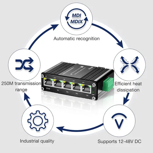 Vista 5 de Mini interruptor Gigabit de 5 puertos industrial, interruptor Ethernet de riel DIN RJ45 10/100/1000Mbps,12 ~ 48 V CC para torre de cámara lP, antena