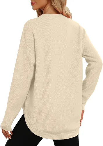 Vista 3 de DB MOON Suéter de Punto de Manga Larga con Cuello Redondo para Mujer 2025 Ajuste Holgado Suave Sólido Pullover Beige