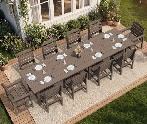 Vista 51 de SERWALL Juego de mesa de comedor de 7 piezas, muebles de comedor de polietileno de alta densidad para exteriores con agujero para paraguas y 6 Negro