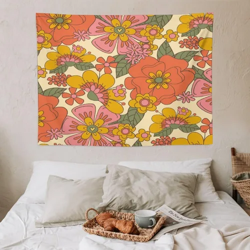 Vista 2 de Houselerax Tapiz floral retro de los años 60 y 70, diseño hippie de primavera Groovy Flower Power Flower Boho para colgar en la pared, arte neutro